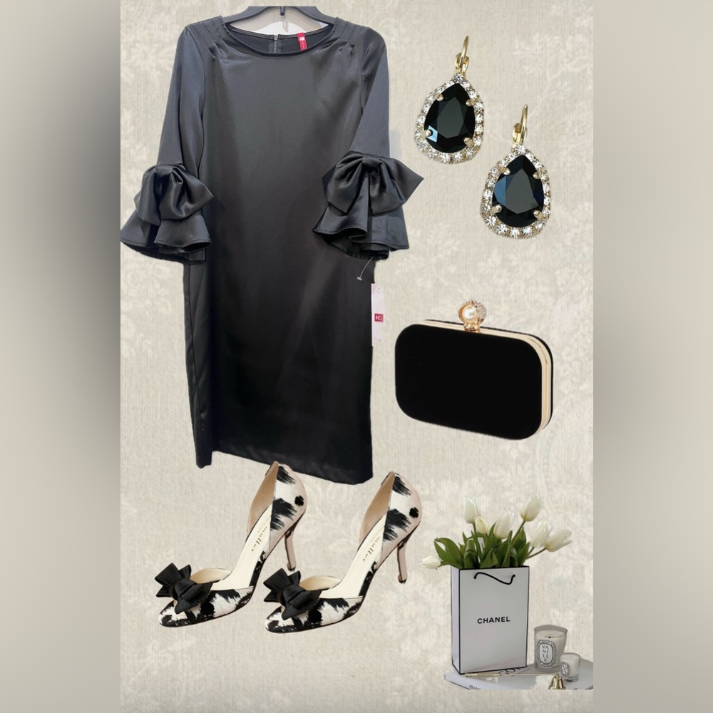 IC COLLECTION Black Dress with Satin Ruffle Sleeves